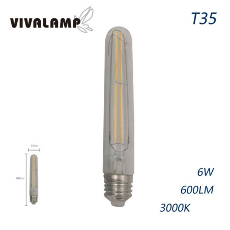 Lampadina Led E27 6W Modello T35 trasparente tubolare attacco E27 grande a vite - T35-6W-trasparente