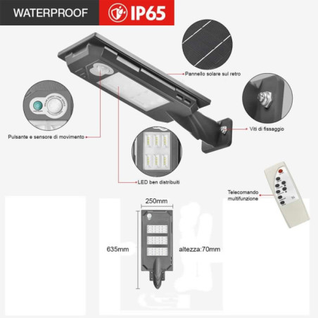 LAMPADA STRADALE 90W LED A ENERGIA SOLARE CON TELECOMANDO E SENSORI CREPUSCOLARE E DI MOVIMENTO - SOL-3-90W