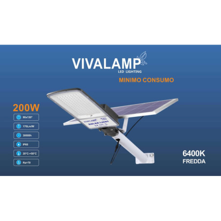 LAMPADA STRADALE 200W A ENERGIA SOLARE CON PANNELLO FOTOVOLTAICO DIMMERABILE KIT COMPLETO - SOL-11-200W