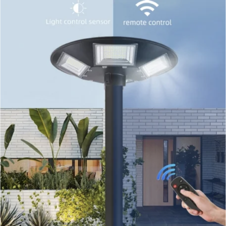 LAMPIONE LED DA GIARDINO TIPO UFO CON PANNELLO SOLARE 150W IP65 SENSORE DI MOVIMENTO E CREPUSCOLARE TELECOMANDO INCLUSO